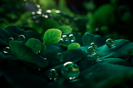 Huge drops of water on the leaves. Generative AI illustratorの素材