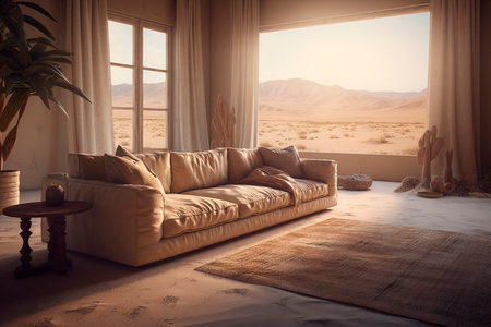 Sofa in the room and sand field. Generative AI illustratorの素材