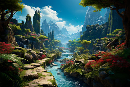 Beautiful fantasy landscape with a river and a waterfall. 3d renderingの素材