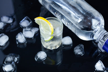 bottle of vodka and glass with lemon on dark background