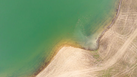 The drone view lake with mountain.の写真素材
