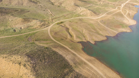 The drone view lake with mountain.の写真素材
