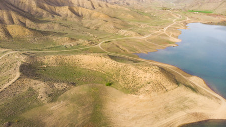 The drone view lake with mountain.の写真素材
