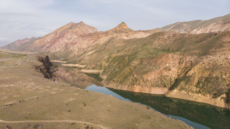 The drone view lake with mountain.