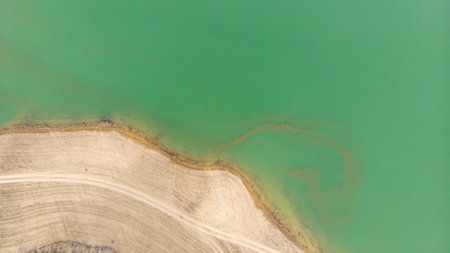 The drone view lake with mountain.の写真素材