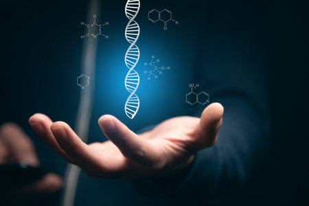 man holding abstract technology science concept DNA futuristic on hi tech blue backgroundの写真素材