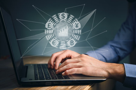 business man working computer with money iconの写真素材