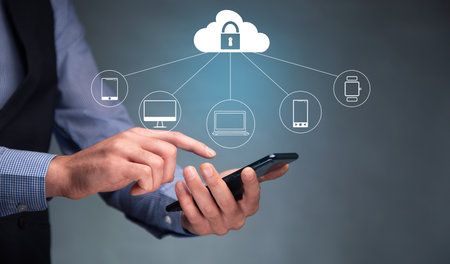 man holding phone with Internet security online business concept