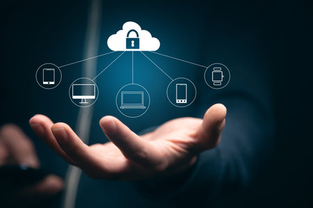 man holding phone with Internet security online business concept