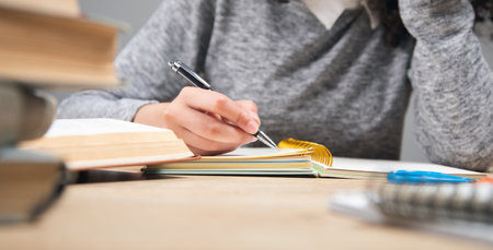 girl student writing in notebook with stack books