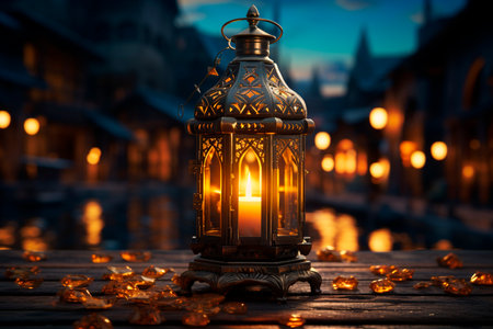 Beautiful glowing lantern in the old town. Ramadan Kareem backgroundの素材