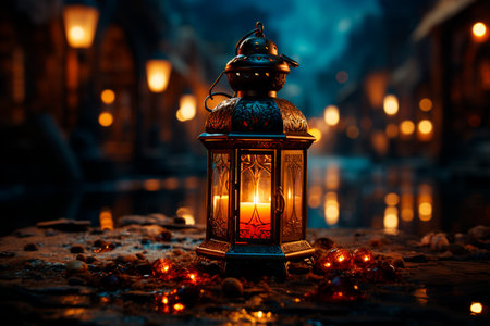 Lantern with burning candle on a dark background. Ramadan Kareem conceptの素材