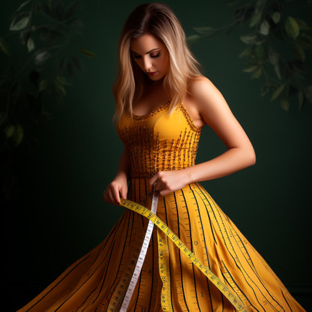 Beautiful young woman measuring her waist with a tape measure over dark backgroundの素材