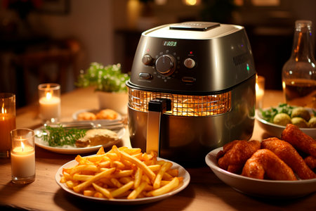French fries, fried chicken and vegetables on the table in the kitchenの素材