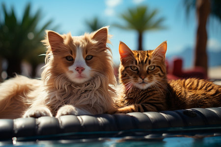 Two cats lying on the edge of swimming pool with blue sky in backgroundの素材