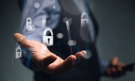 businessman holding a mobile phone with internet and mobile security concept