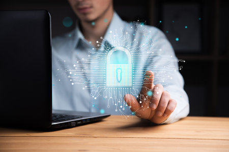 Man working computer. Lock on digital screen.