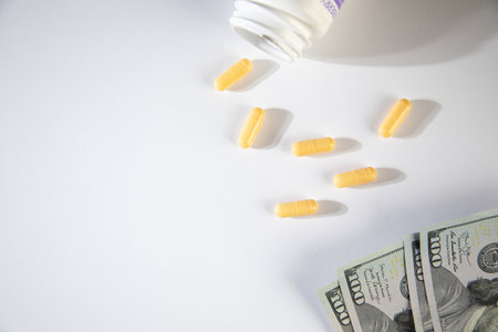 Medicine pills or capsules with money.