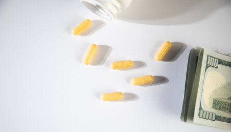 Medicine pills or capsules with money.の写真素材