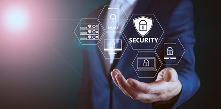 Man touching a data security concept on a touch screenの写真素材