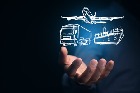 business man hand holding different transport mians iconの写真素材