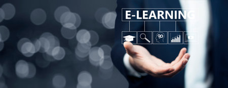 E-Learning Concept. Businessman Holding E-Learning iconの写真素材