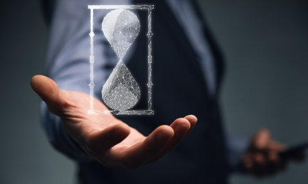 Close up of businessman holding phone with sandglass icon