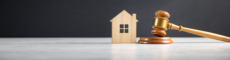 judge gavel and house model at courtroom. estate law and property auction conceptの写真素材