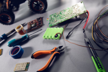Toy car and electronic circuit board.