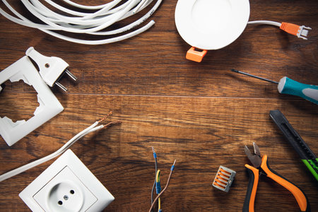 Concept of electrician or electrical tools, top view