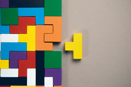 different colorful shapes wooden blocks. Geometric shapes in different colors.の写真素材