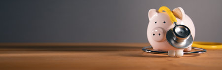 Piggy bank with stethoscope. Health care financial checkupの写真素材