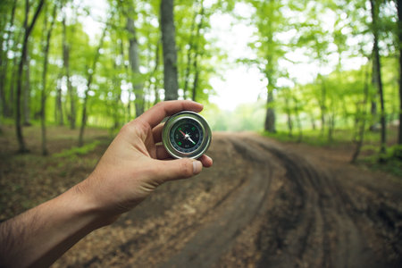 Compass in man hand in forest backgroundの写真素材