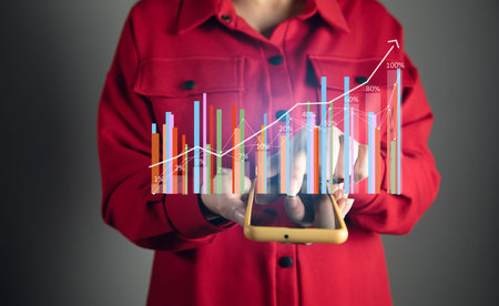Trading concept. Business woman holding phone and touching screen on smart phone