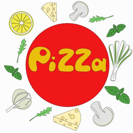individual ingredients for pizza, vegetables in colorのイラスト素材