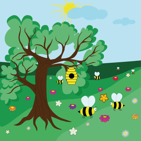 Summer landscape of oak and beehive. Bees collect honey from flowers. Summer sunny day.のイラスト素材
