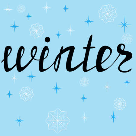 The inscription in black letters winter on a blue background with snowflakes.のイラスト素材