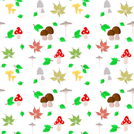 Seamless background with mushrooms and leaves. Autumn vector background for design, packaging, fabric, template.のイラスト素材