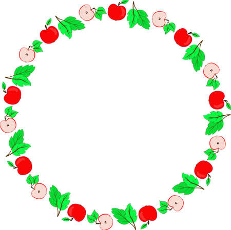 Vector circular frame with colorful autumn leaves, apples. Template with place for text.のイラスト素材