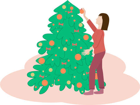 The girl decorates the Christmas tree. Vector christmas eve girl dresses uo a pine treeのイラスト素材