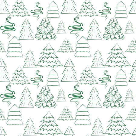 Seamless background with different Christmas trees. Vector New Year with contour of fir trees in...