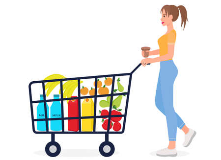 A woman is pushing a cart with groceries. The girl makes purchases in the store. Vector. Full basket, girl with coffee. Editable object.のイラスト素材