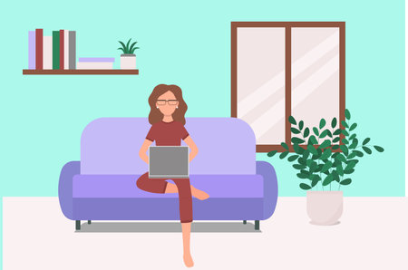 The woman works at home. Vector, girl on the couch with a laptop. Work at home, at home. The woman on the couch.のイラスト素材