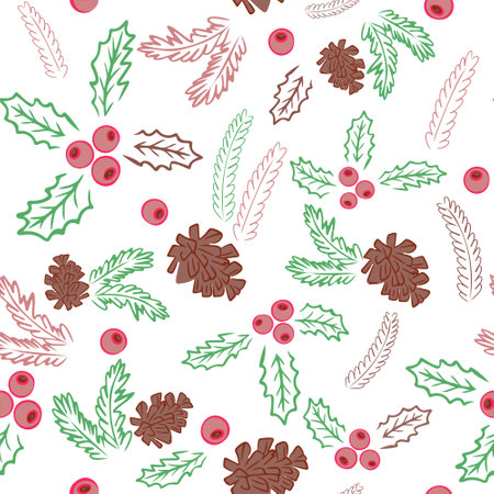 Seamless background with pine cones, fir branches and berries. Winter repeating pattern for design and packaging. Cute pattern with cedar cones and branches.のイラスト素材