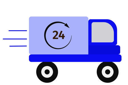 Delivery of goods, auto. Vector, cargo truck in blue. Round the clock, delivery 24 hours, cargo transportation. Flat illustration, concept.のイラスト素材