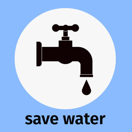 Save water, icon. Vector faucet with dripping water and an inscription. Economical attitude to natural resources, attractiveness. Flat illustration, concept.のイラスト素材