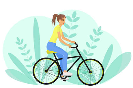 The girl rides a bike. Vector. Side view, woman riding a bike. Do sport. Rest at nature. Cartoon concept.のイラスト素材