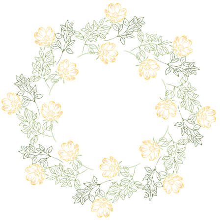 Vector round frame with colorful leaves and flowers. Template with place for text. Spring floral template.のイラスト素材