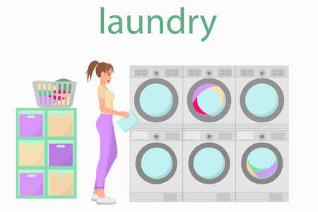 The girl washes things in a public laundry. Woman washes in the washing machine. Vector laundry room with washing machines, dryers.のイラスト素材