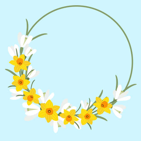 Circular frame with spring flowers. Round frame with snowdrops daffodils. Bright yellow and white colors. Vector. Summer postcard template.のイラスト素材